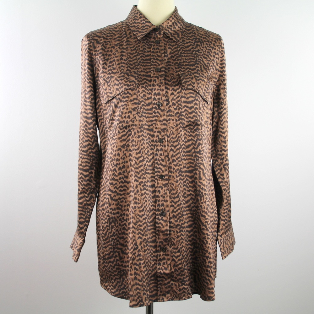 Soft Surroundings Silk Animal Leopard Print Button Up Blouse Top M NEW